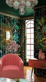 pink upholstered chair showcasing interior design elegance, harmonizing with botanical wallpaper in an art deco style, emphasizing luxury in space maximization using Homestyler's real-time 3D rendering.
