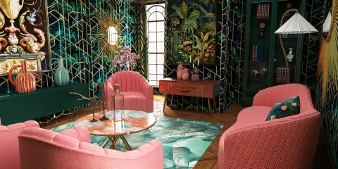 modern living room featuring soft pink sofas, vibrant tropical wallpaper, and a stylish coffee table, showcasing interior decor with Homestyler's real-time 3D rendering.