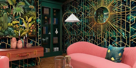 vibrant living room featuring tropical wallpaper and a pink sofa with decorative pillows, showcasing 3D interior design with a focus on maximizing space utilization using Homestyler's real-time 3D rendering feature.