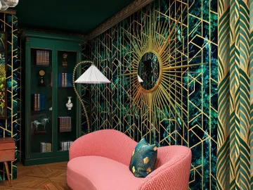 colorful accent wall design featuring geometric patterns and a luxurious mirror, showcasing a modern bohemian style; integrates Homestyler’s real-time 3D rendering feature for an immersive interior design experience.