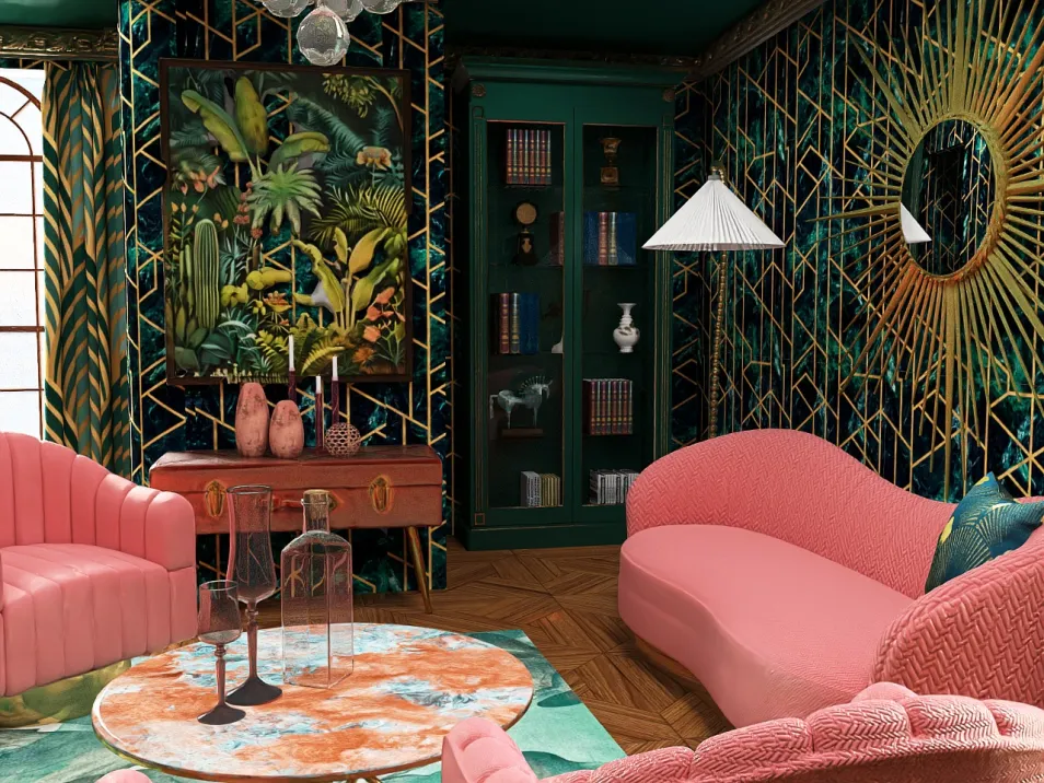 colorful living room with tropical wallpaper featuring plants, modern furniture arrangement in a vibrant style, showcasing a unique interior decor using Homestyler's real-time 3D rendering feature.