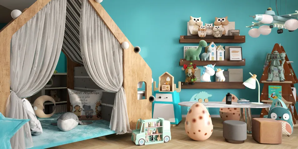 playful kids room featuring a wooden playhouse design with a cozy atmosphere, showcasing vibrant colors and imaginative decorations, highlighting the interior design within Homestyler's real-time 3D rendering capabilities.