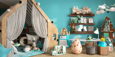 Colorful children's playroom featuring a whimsical design with a treehouse structure, showcasing smart furniture arrangement for efficient space utilization, embodying a playful style with a focus on interior decor.