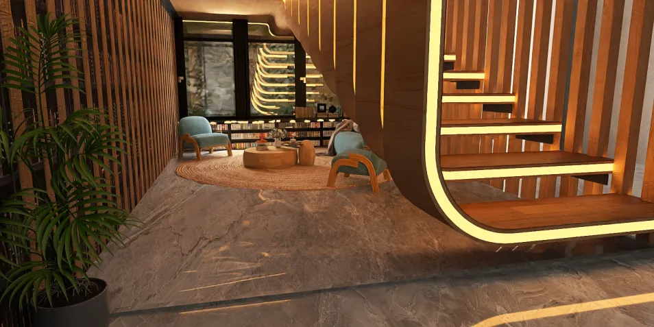 modern living room furniture arrangement featuring a stylish wooden staircase, minimalist decor, and a cozy seating area designed for small space optimization, utilizing Homestyler's real-time 3D rendering feature.