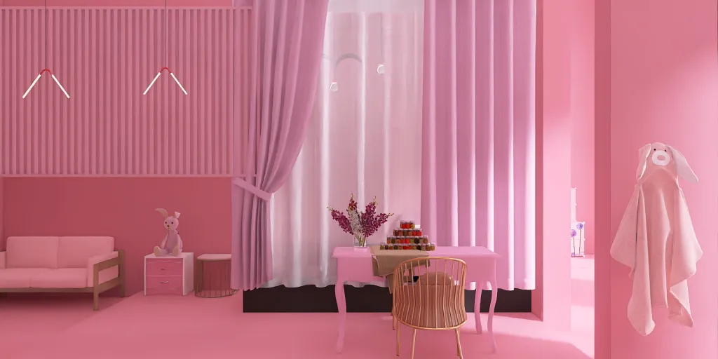 a room with a pink wall and a pink table 