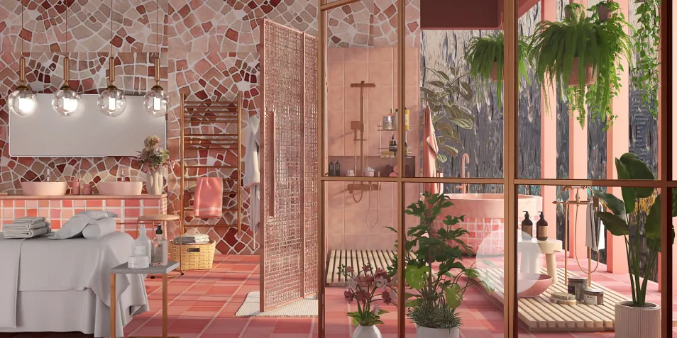 Bathroom interior featuring a mosaic tile design, showcasing a pink color palette and smart furniture arrangement for space optimization. Includes Homestyler's real-time 3D rendering for quick design visualization.