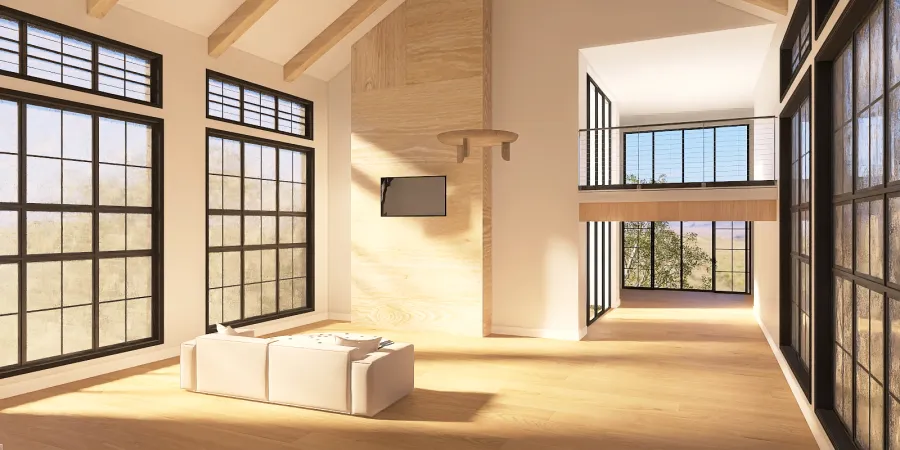 a room with a window and a large window 