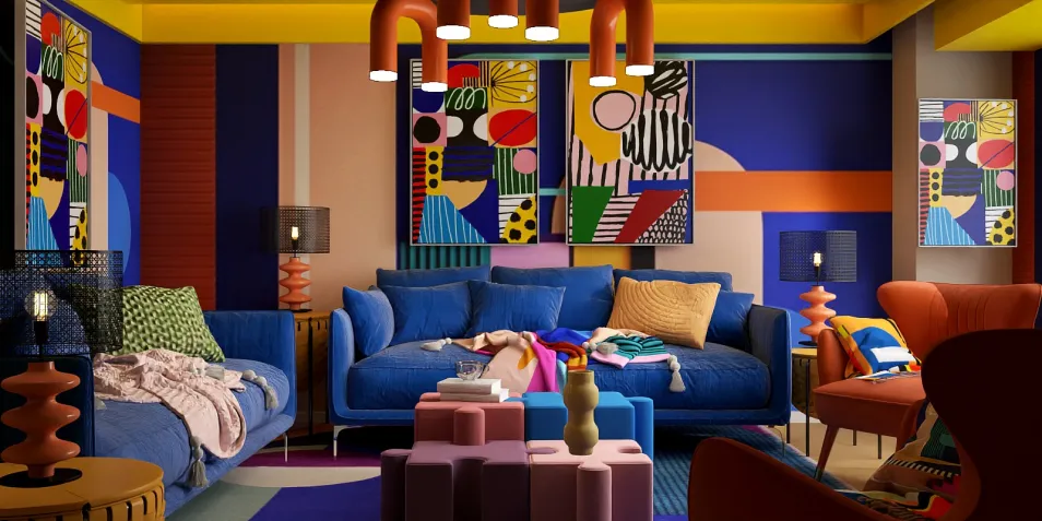vibrant living room design featuring contemporary furniture arrangement in a bold artistic style with colorful wall motifs; ideal for showcasing Homestyler's real-time 3D rendering feature.