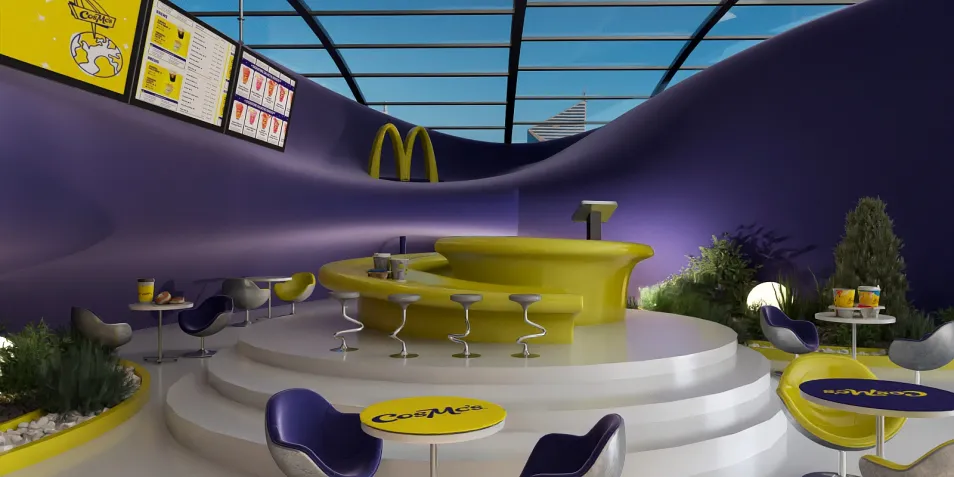 modern fast food restaurant interior featuring a vibrant yellow and purple color scheme with curved seating and playful decor, designed using Homestyler's real-time 3D rendering feature for quick design proposals.