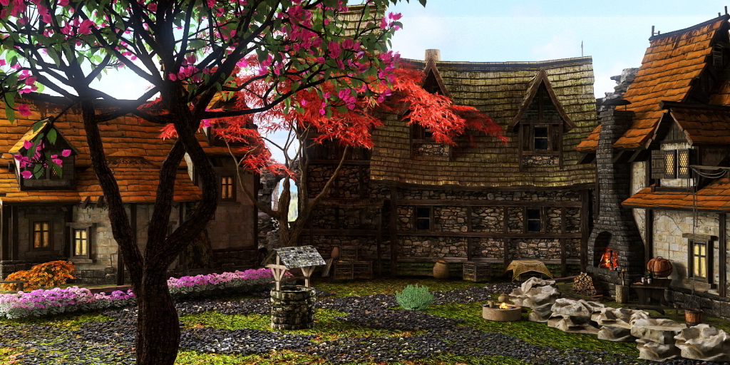 a garden with flowers and a clock tower 