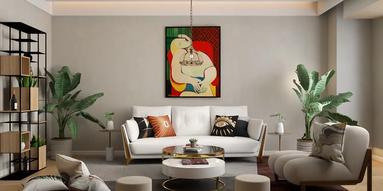 a living room with a couch, table, and a painting 