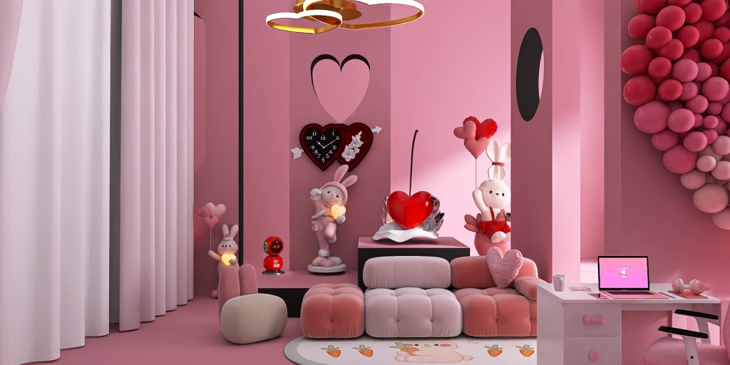 a room with a pink dresser, a pink table and a pink dresser 