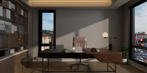 modern home office design featuring a sleek desk and ergonomic chair with large windows allowing natural light, showcasing an ideal workspace for productivity, utilizing Homestyler's real-time 3D rendering feature.