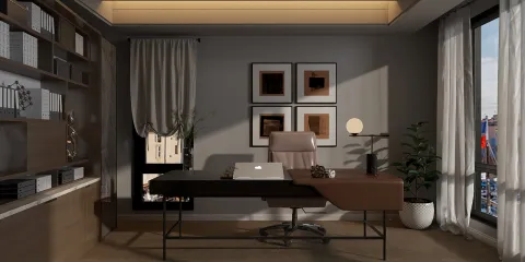 modern office space featuring a stylish desk with a laptop, incorporating smart furniture arrangement and a contemporary style, highlighting Homestyler's real-time 3D rendering feature for design previews.