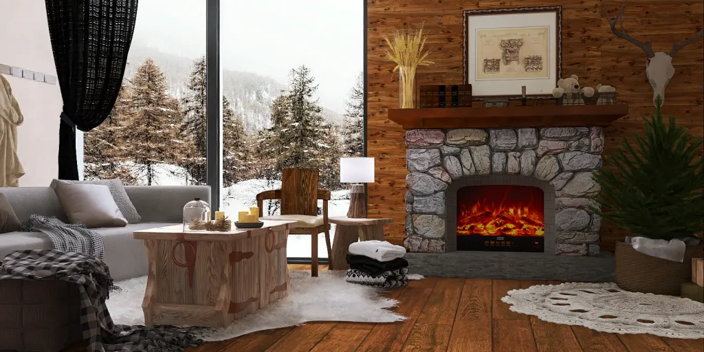 a living room with a fireplace and a fire place 