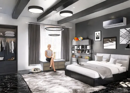 Room with a black and white theme  Design Rendering