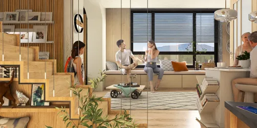 Modern living room featuring a couple engaging in conversation, designed with Scandinavian style and optimized for small space efficiency using smart furniture arrangement in Homestyler.