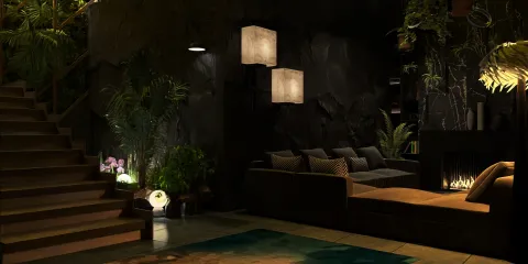 luxurious living room featuring ambient lighting and lush indoor plants enhancing the cozy atmosphere, designed using Homestyler's real-time 3D rendering functionality for an immersive experience