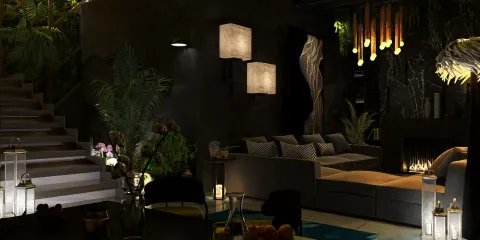 cozy living room design with modern lighting arrangements and lush indoor plants featuring Homestyler's real-time 3D rendering for an immersive design experience