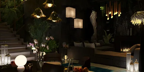 luxurious living room designed with elegant lighting fixtures and lush greenery, showcasing a modern aesthetic and emphasizing interior decor; utilizing Homestyler's real-time 3D rendering feature to visualize design ideas.