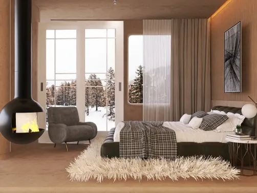 Grey bedroom with fireplace and snow!!