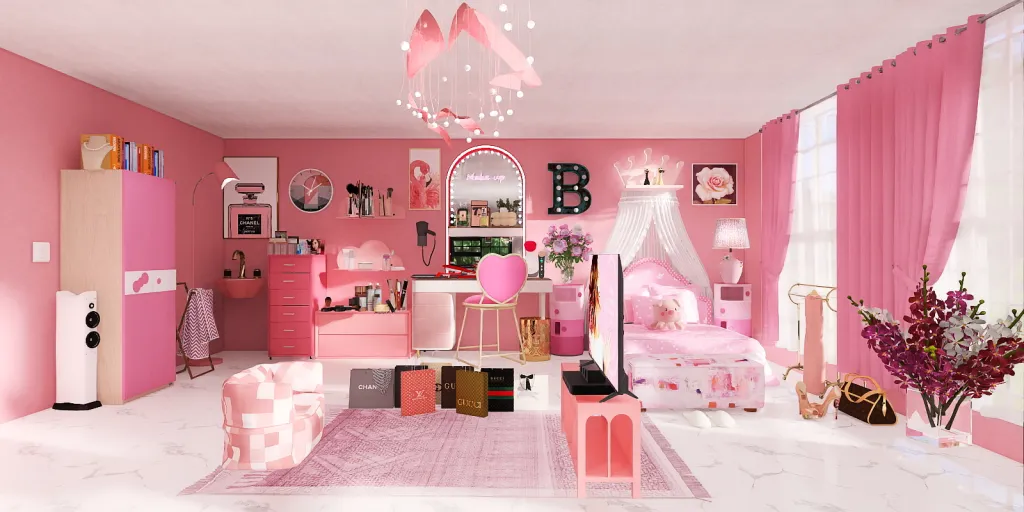 a room with a pink and white bed, a pink dresser, and a pink and white