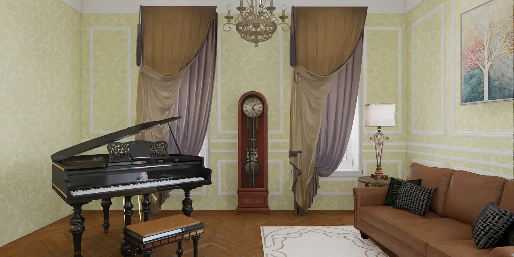 a living room with a piano and a couch 