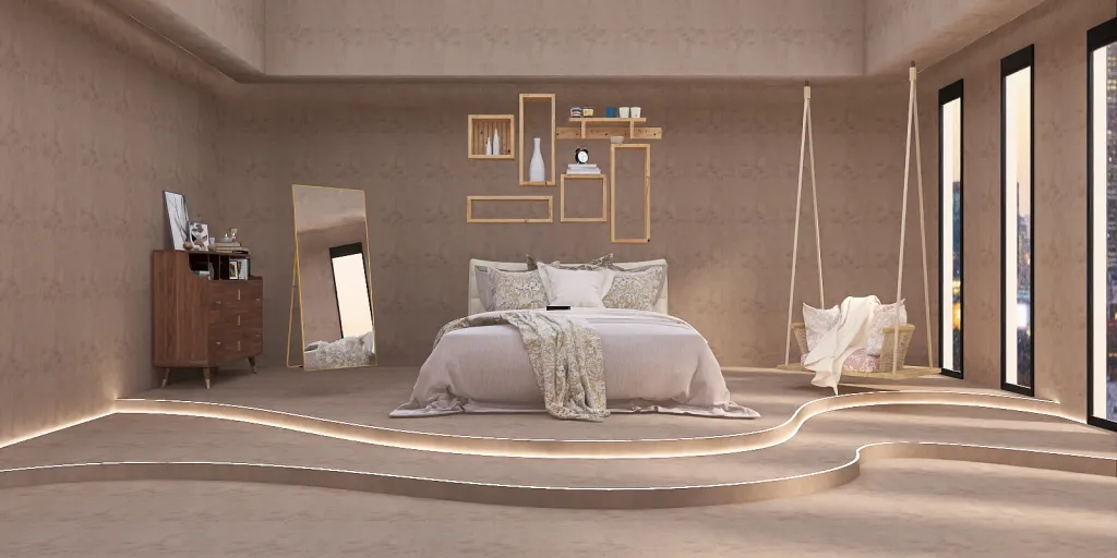 a bedroom with a bed, chair, and a mirror 