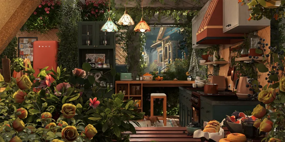 rustic kitchen filled with greenery and floral decorations featuring modern appliances and a cozy wooden dining area, designed with Homestyler's real-time 3D rendering feature for an immersive interior design experience.