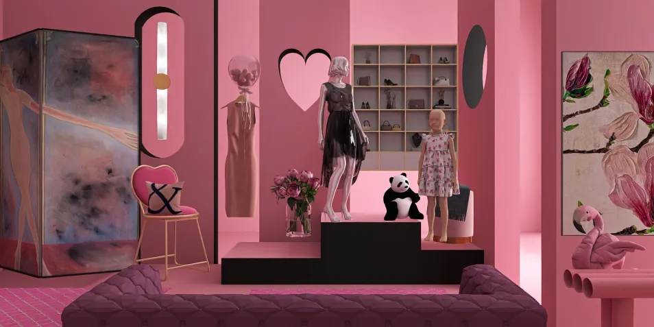 A contemporary fashion boutique showcasing an energetic pink interior design, featuring stylish mannequins and decorative art, perfect for creating a vibrant shopping experience using Homestyler's real-time 3D rendering capabilities.
