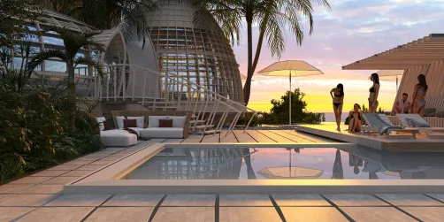 outdoor living area featuring a swimming pool with loungers, showcasing a modern tropical vibe, ideal for relaxation and gatherings, enhanced by Homestyler's real-time 3D rendering feature.