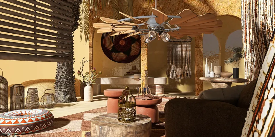 bohemian living room design featuring cozy seating and warm lighting with a focus on earthy tones and natural materials, showcasing Homestyler's real-time 3D rendering feature.