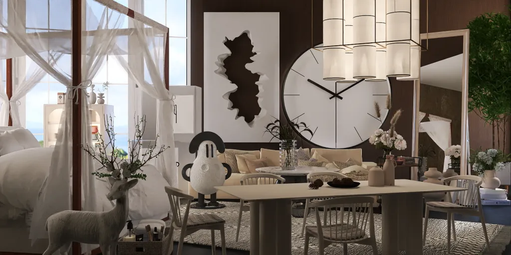 a large white table with a clock on it 