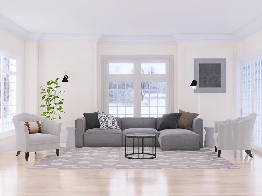 a living room with a couch, coffee table and a window 