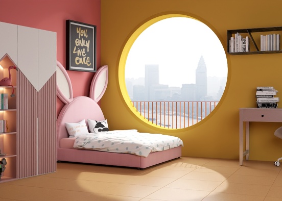 Girl room with look on the city...pink color predo Design Rendering