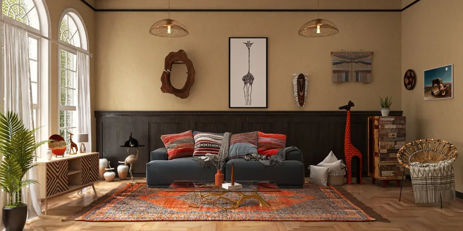 cozy living room featuring a stylish sofa with colorful cushions, decorated in a modern bohemian style, enhancing the interior decor through Homestyler's real-time 3D rendering functionality.
