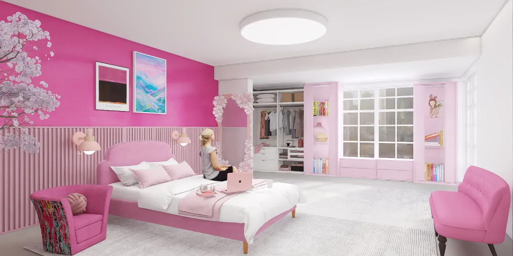a bedroom with a pink bed and pink walls 