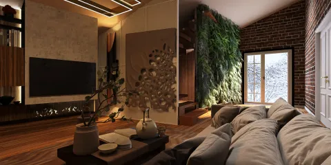 Modern living room featuring a cozy sofa design with natural elements, showcasing a biophilic decor style that enhances relaxation; utilizing Homestyler's real-time 3D rendering feature for an accurate preview of interior layout.