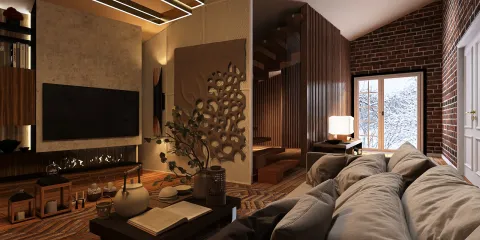 cozy living room with a modern fireplace design featuring warm lighting and wooden accents, showcasing a comfortable seating arrangement with a blend of textures; includes Homestyler's real-time 3D rendering feature for a detailed preview.