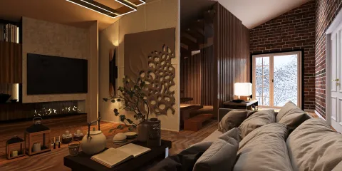 cozy living room with a modern sofa and wooden accents showcasing 3D interior design visualization in rustic style, featuring Homestyler's real-time 3D rendering for quick design proposals.