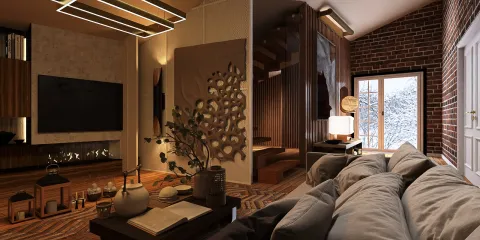 modern living room with warm decor featuring a comfortable sofa and wooden elements, showcasing a cozy atmosphere in a multi-level space design; highlighting the real-time 3D rendering functionality of Homestyler.