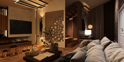 cozy living room with stylish furniture arrangement showcasing modern design, emphasizing space optimization through Homestyler's real-time 3D rendering feature.