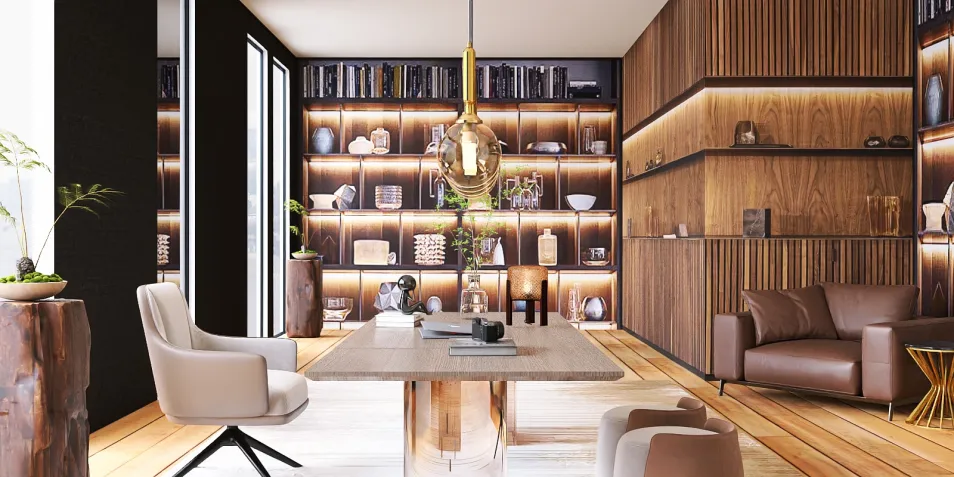 modern office interior design featuring a spacious desk arrangement and warm wooden accents creating a cozy atmosphere, utilizing Homestyler's real-time 3D rendering feature for an immediate design proposal.