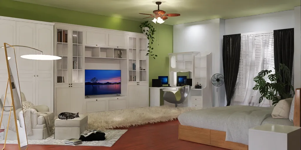 a living room with a tv and a refrigerator 