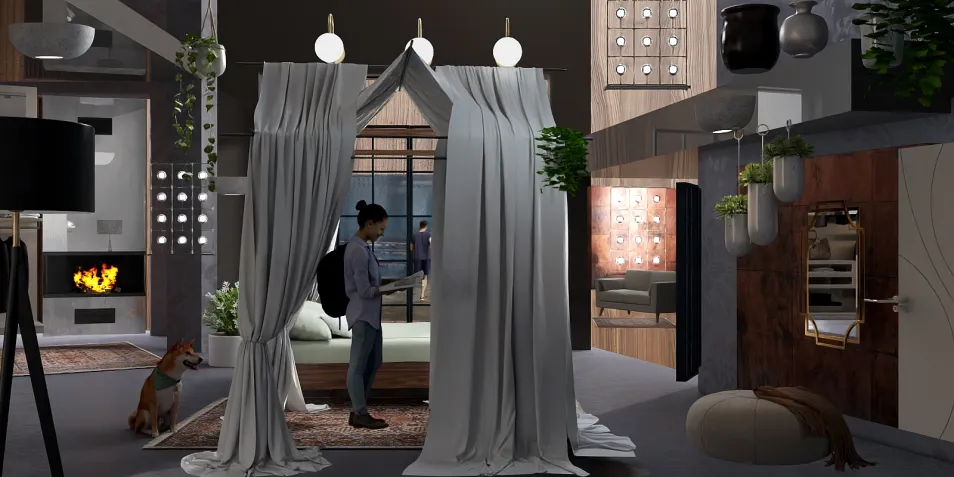 A person browsing a mobile device in a modern living space featuring elegant drapery and contemporary furniture, showcasing interior design optimization with Homestyler's real-time 3D rendering for a contemporary home.