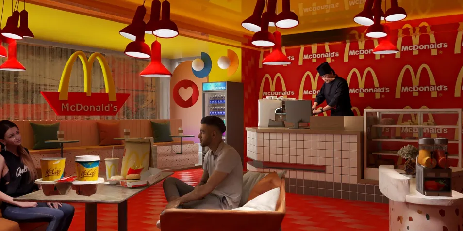 McDonald's interior design featuring a vibrant color scheme and modern furniture arrangement, showcasing a fast-food dining space with efficient customer seating; highlighting Homestyler's real-time 3D rendering capability.