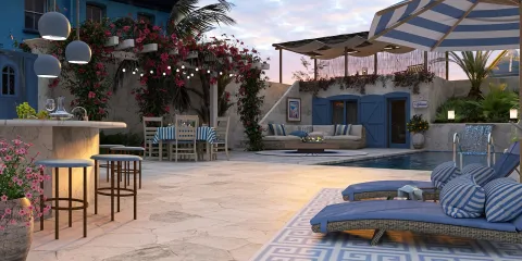 outdoor patio with lounge chairs and dining area showcasing a Mediterranean style, optimizing space with smart furniture arrangement using Homestyler's AR virtual placement feature.