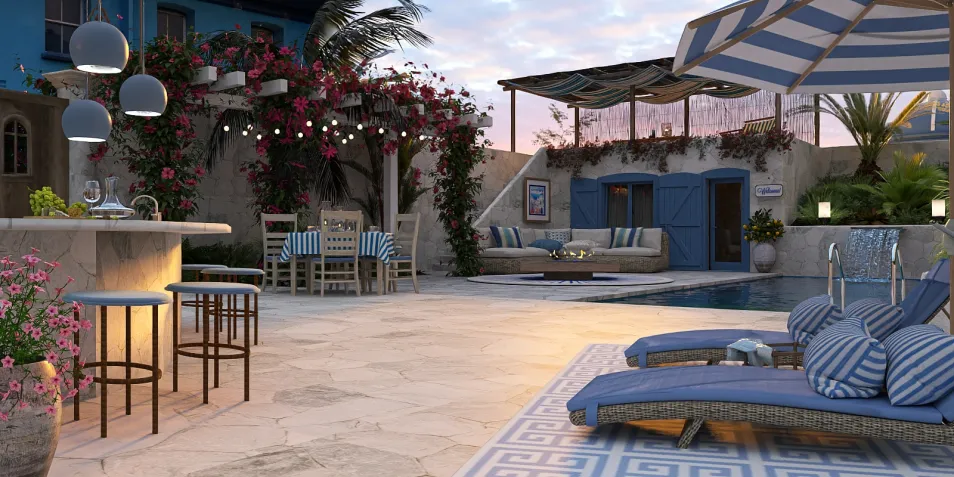 outdoor lounge with comfortable seating and a bar area surrounded by lush greenery and floral decorations, showcasing a Mediterranean style, ideal for outdoor entertaining; featuring Homestyler's real-time 3D rendering for a quick design preview.