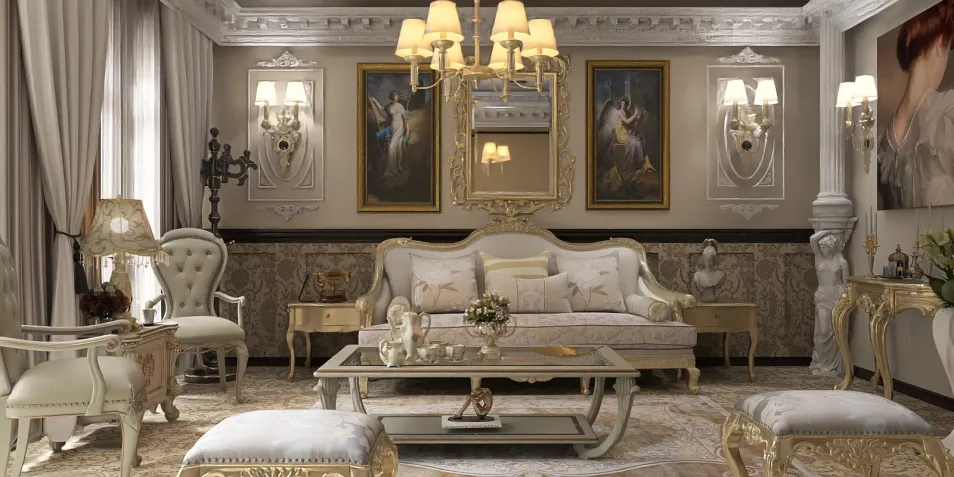 luxurious living room interior design showcasing elegant furniture arrangement in a classic style, featuring a detailed chandelier, decorative artwork, and a plush area rug, utilizing Homestyler's real-time 3D rendering for an immersive design preview.