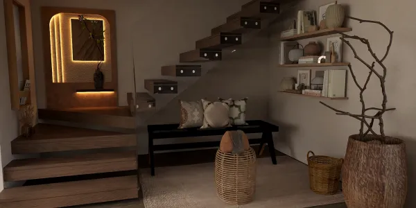 Modern staircase design with warm lighting, showcasing cozy interior decor for a welcoming foyer space, featuring Homestyler's real-time 3D rendering functionality.
